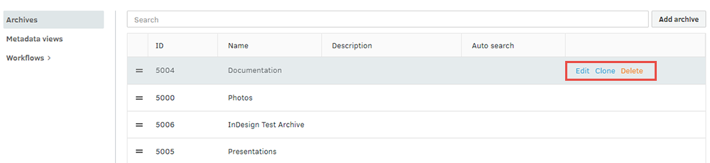 Controls to Clone, Edit or Delete an Archive